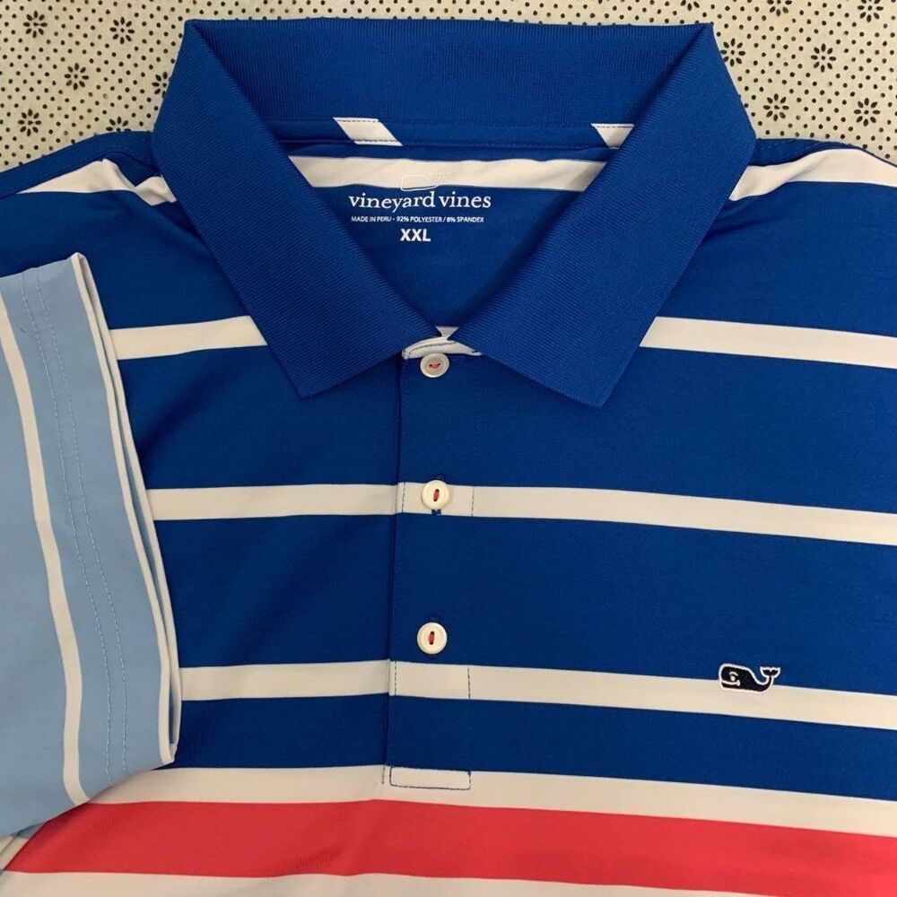 Vineyard Vines Performance Polo Shirt XXL Blue White Red Stripe Golf